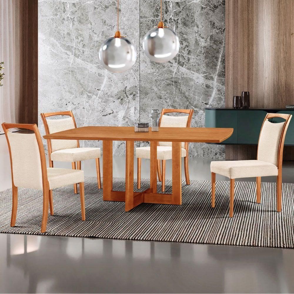 Mesa 120cm Laminado Barril Com 4 Cadeiras Moderna Mobilia Linho Off White Imbuia