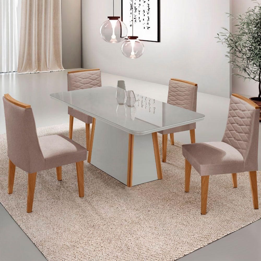 Mesa De Jantar Diane 120cm Tampo Mdf Vidro Cadeiras Eloise Moderna Linho Capuccino Off Serigrafia