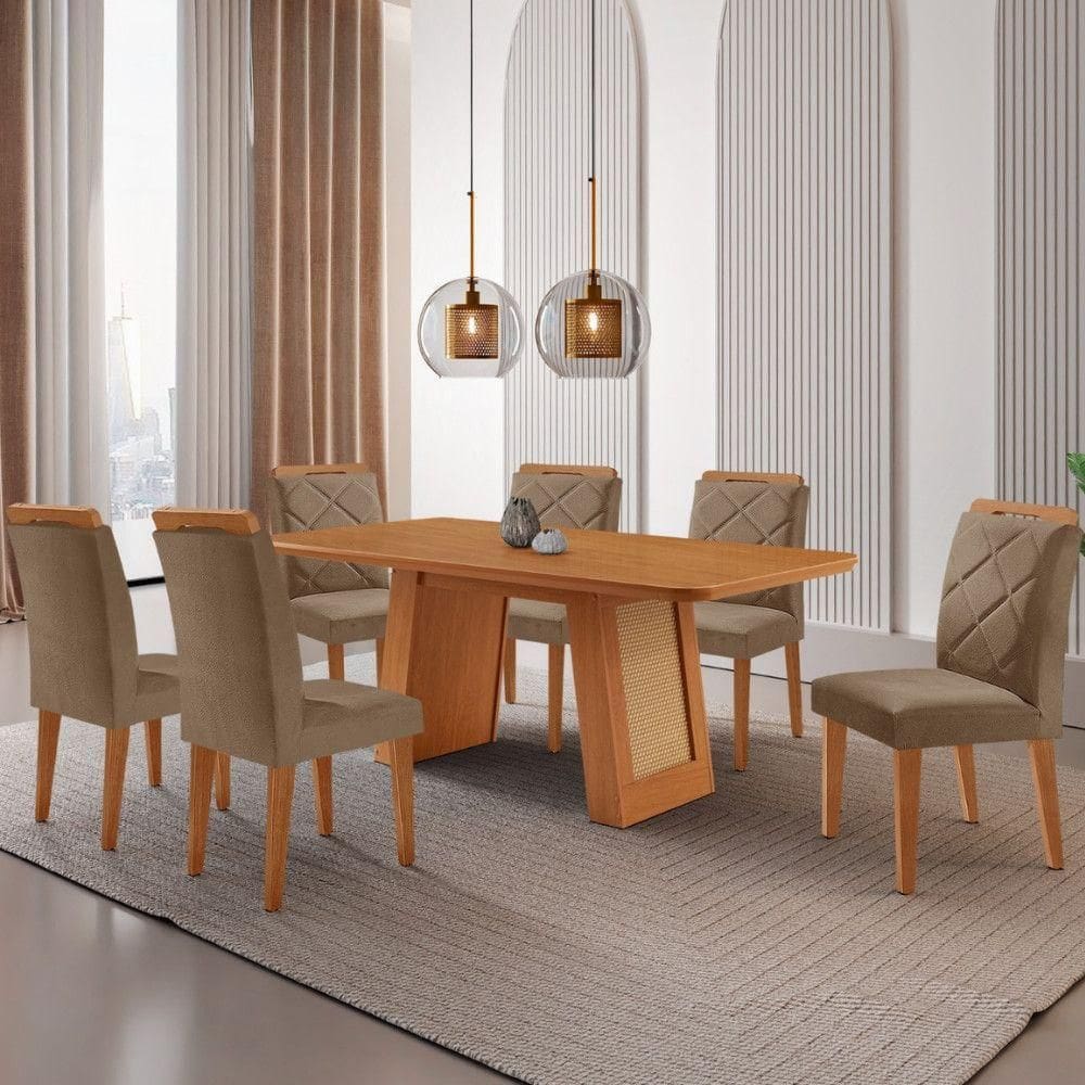 Mesa De Jantar Carolina Com 6 Cadeiras Moderna Mobilia Veludo Capuccino/naturalle Laminado