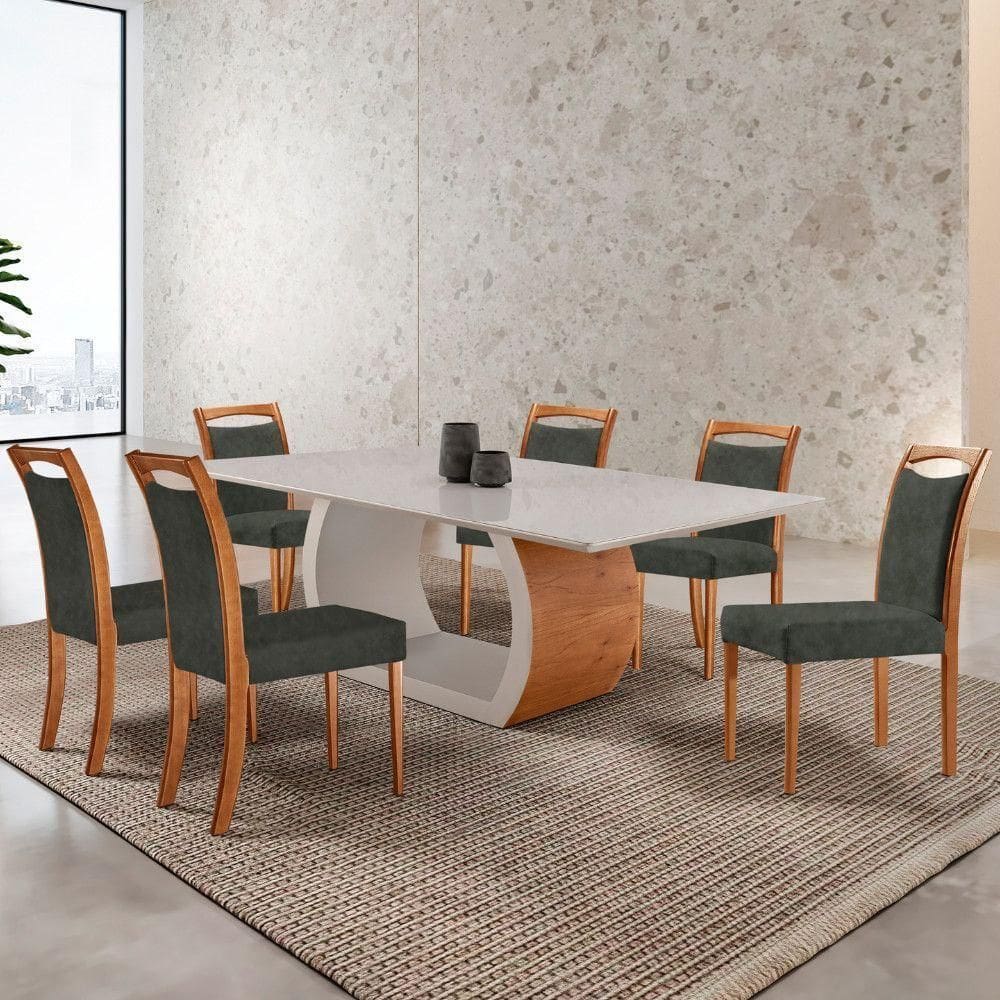 Mesa Ellis 180cm Tampo Laqueado Com Vidro Com 6 Cadeiras Munique Jade /off White/imbuia Nat