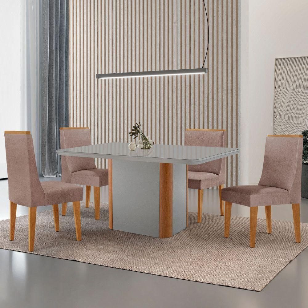 Mesa De Jantar Isadora 120cm Tampo Mdf Vidro Com 4 Cadeiras Linho Capuccino Off White Serigrafia