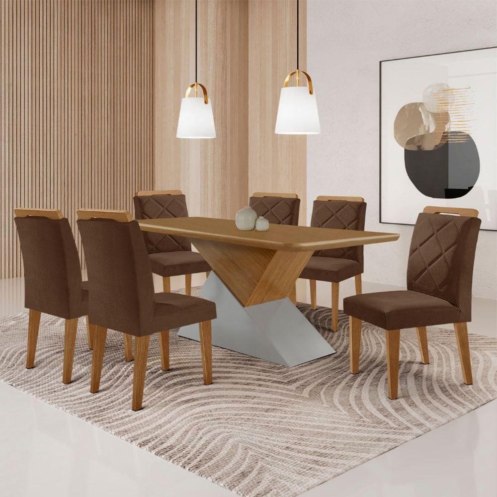 Mesa Sala De Jantar Aster 180cm E 6 Cadeiras Melissa Moderna Veludo Marrom/off White/imbuia