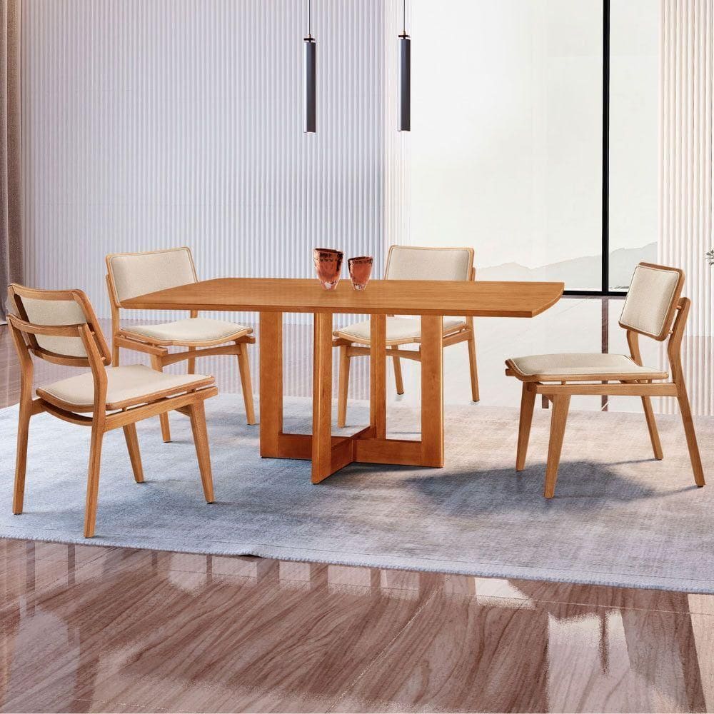 Mesa 120cm Laminado Barril Com 4 Cadeiras Moderna Mobília Linho Off White Imbuia