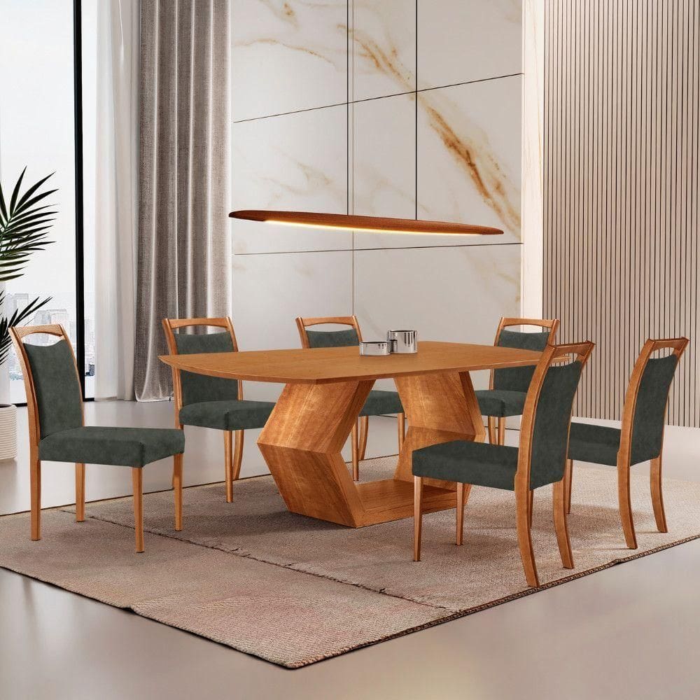 Mesa Ane 180 Tampo Laminado Barril Com 6 Cadeiras Munique Jade Imbuia Natural