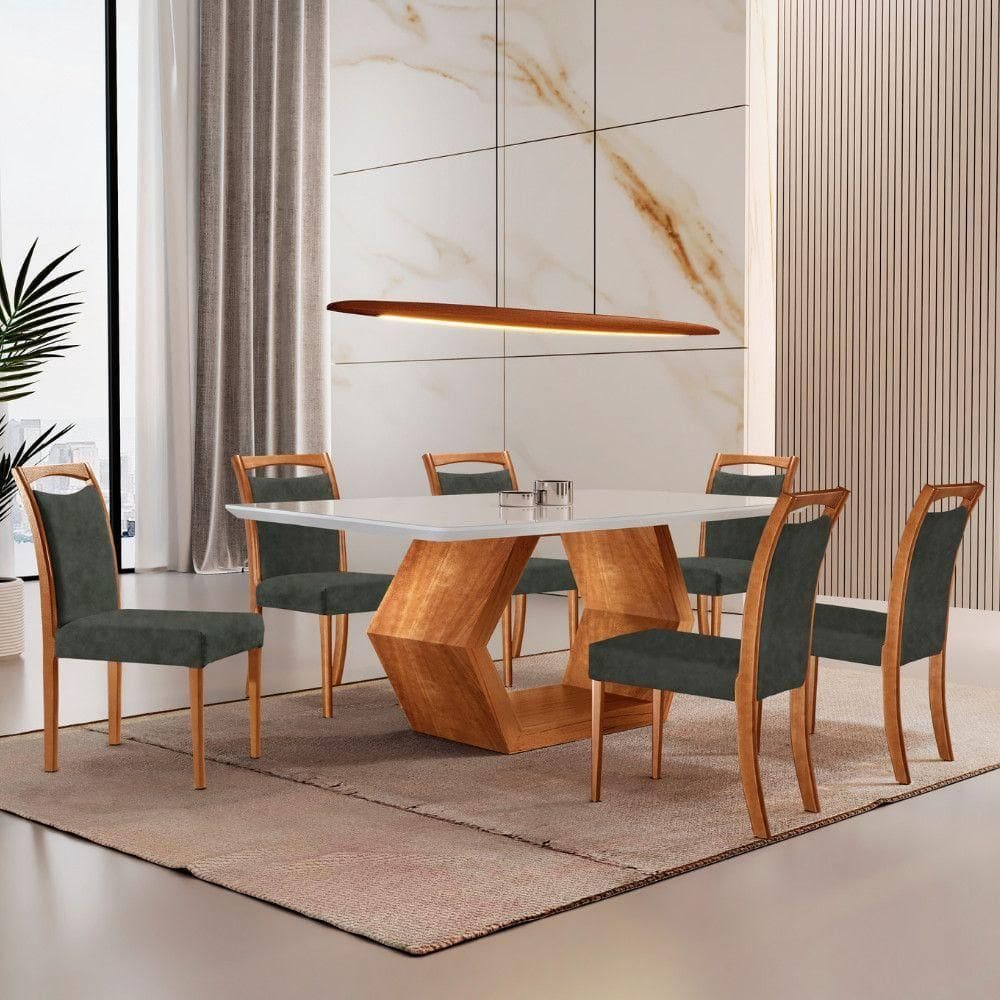 Mesa Ane 180 Tampo Com Vidro Laqueado Com 6 Cadeiras Livia Jade Off White Imbuia Natural