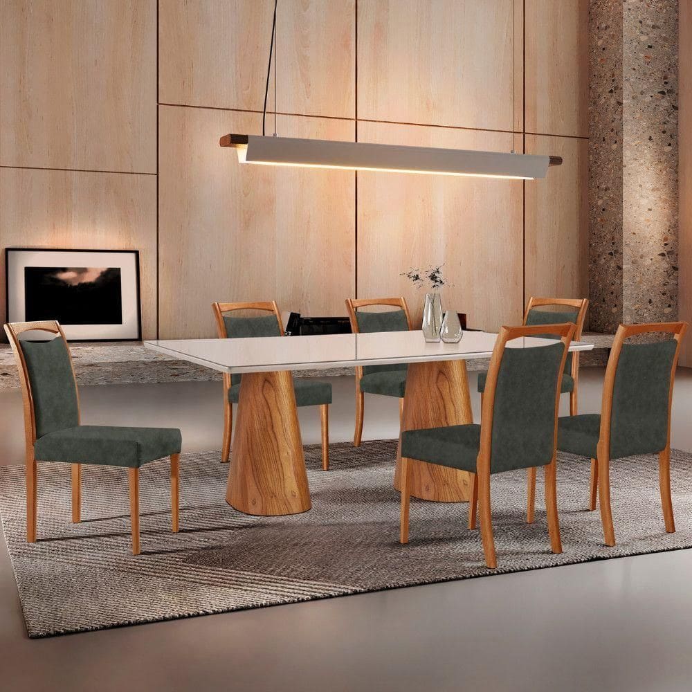 Mesa Noronha 180cm Tampo Com Vidro Laqueado Com 6 Cadeiras Jade Off White Imbuia Natural