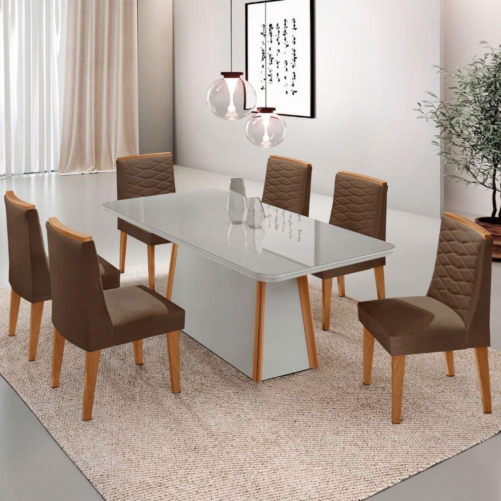 Mesa De Jantar Diane 180cm Mdf Vidro Com 6 Cadeiras Moderna Veludo Marrom Off White Serigrafia