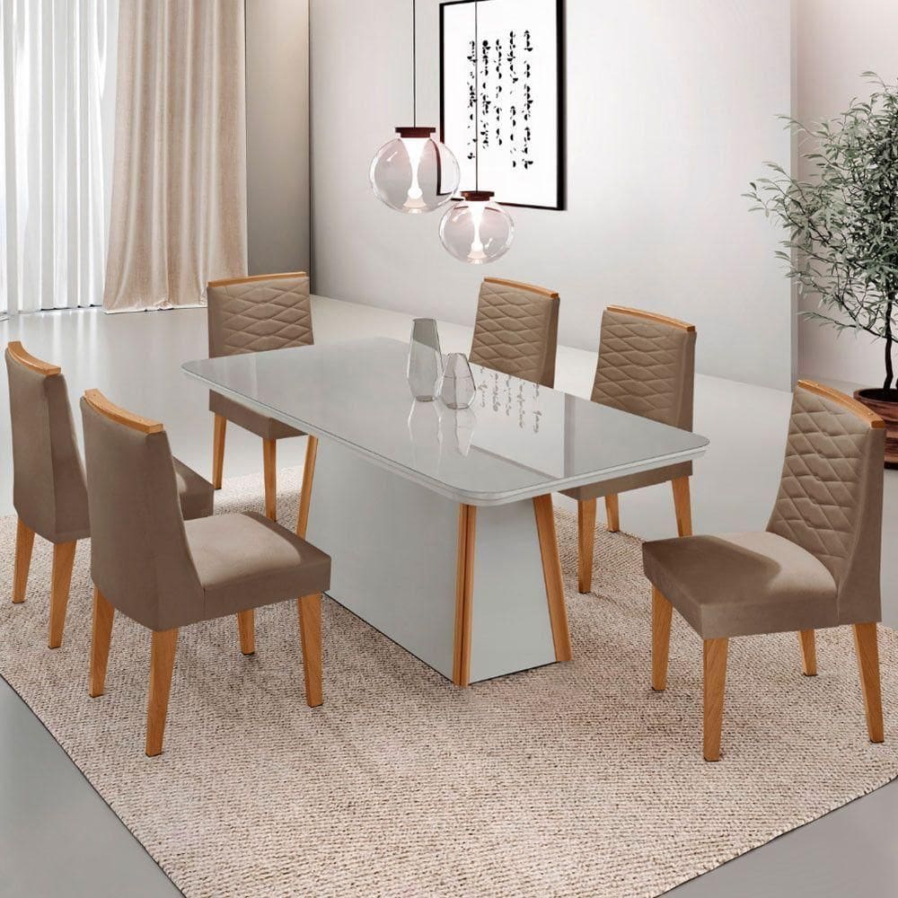 Mesa De Jantar Diane 180cm Mdf Vidro Com 6 Cadeiras Moderna Veludo Capuccino Off White Serigrafia