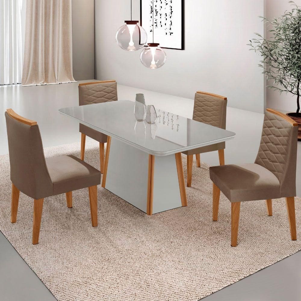 Mesa De Jantar Diane 120cm Tampo Mdf Vidro Cadeiras Eloise Moderna Veludo Capuccino Off White Serigrafia