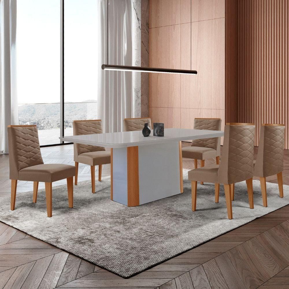 Mesa De Jantar Isadora 180cm Tampo Mdf Vidro Com 6 Cadeiras Veludo Capuccino Off White Serigrafia
