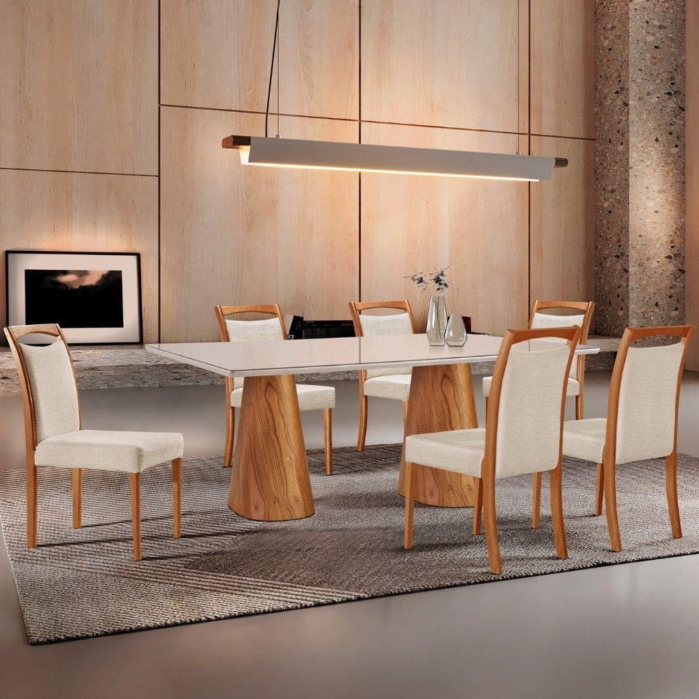 Mesa Noronha 180cm Tampo Com Vidro Laqueado Com 6 Cadeiras Linho Off White Imbuia Natural