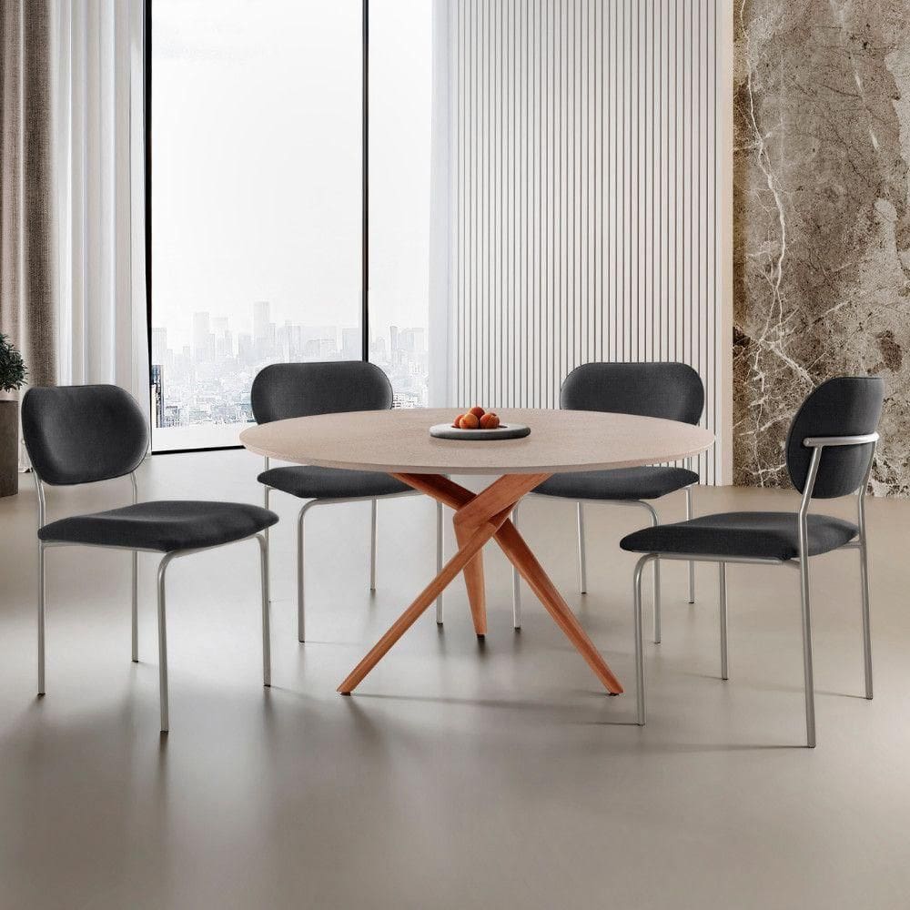 Sala De Jantar Mesa Ballare Com 4 Cadeiras Moderna Mobilia Linho Preto/imbuia/off/prata