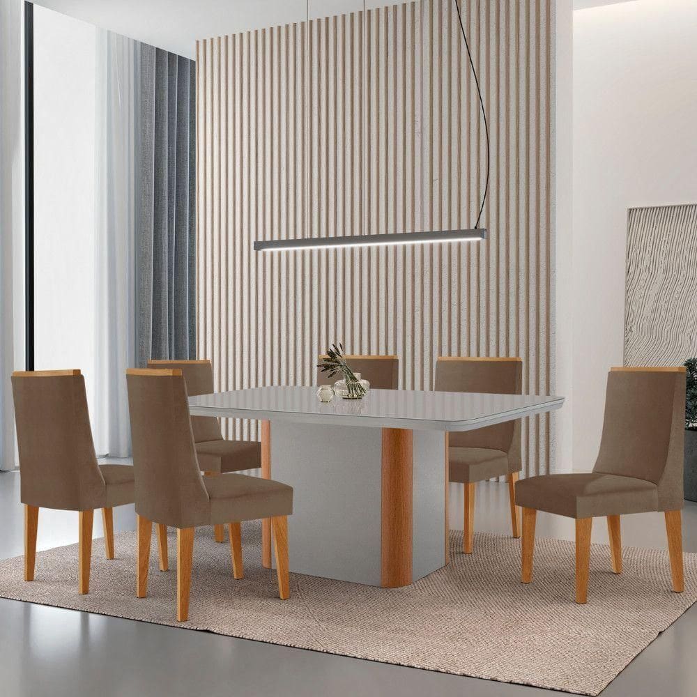 Mesa De Jantar Isadora 180cm Tampo Mdf Vidro Com 6 Cadeiras Veludo Capuccino Off White Serigrafia