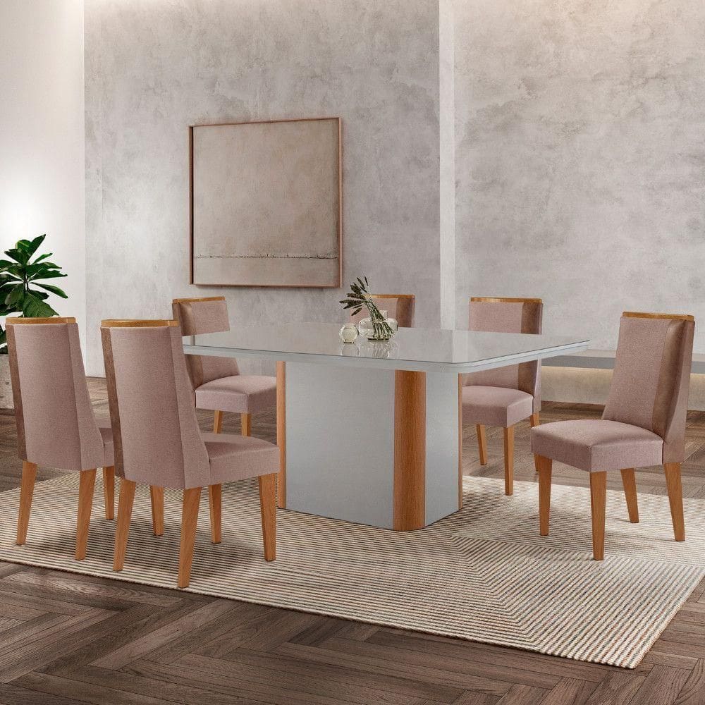 Mesa De Jantar Isadora 180cm Tampo Mdf Vidro Com 6 Cadeira Diane Linho Capuccino Off White Natural Serigueira