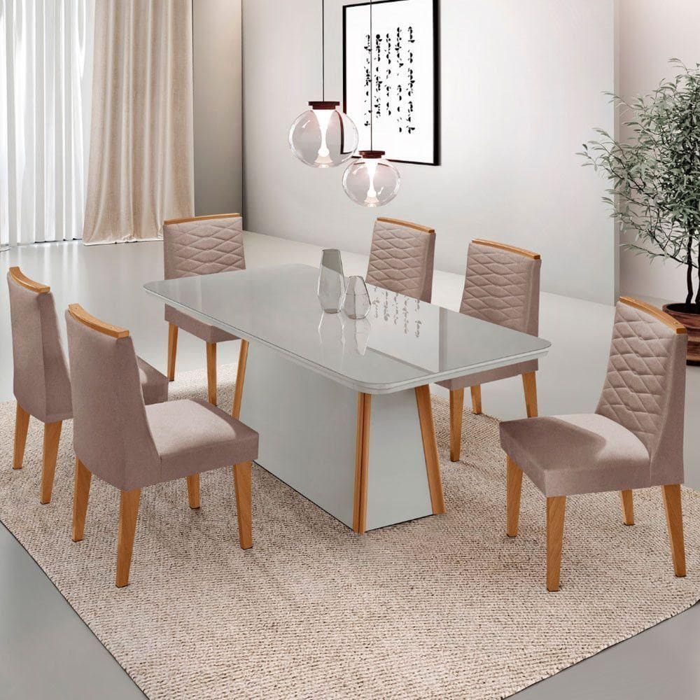 Mesa De Jantar Diane 180cm Mdf Vidro Com 6 Cadeiras Moderna Linho Capuccino Off White Serigrafia