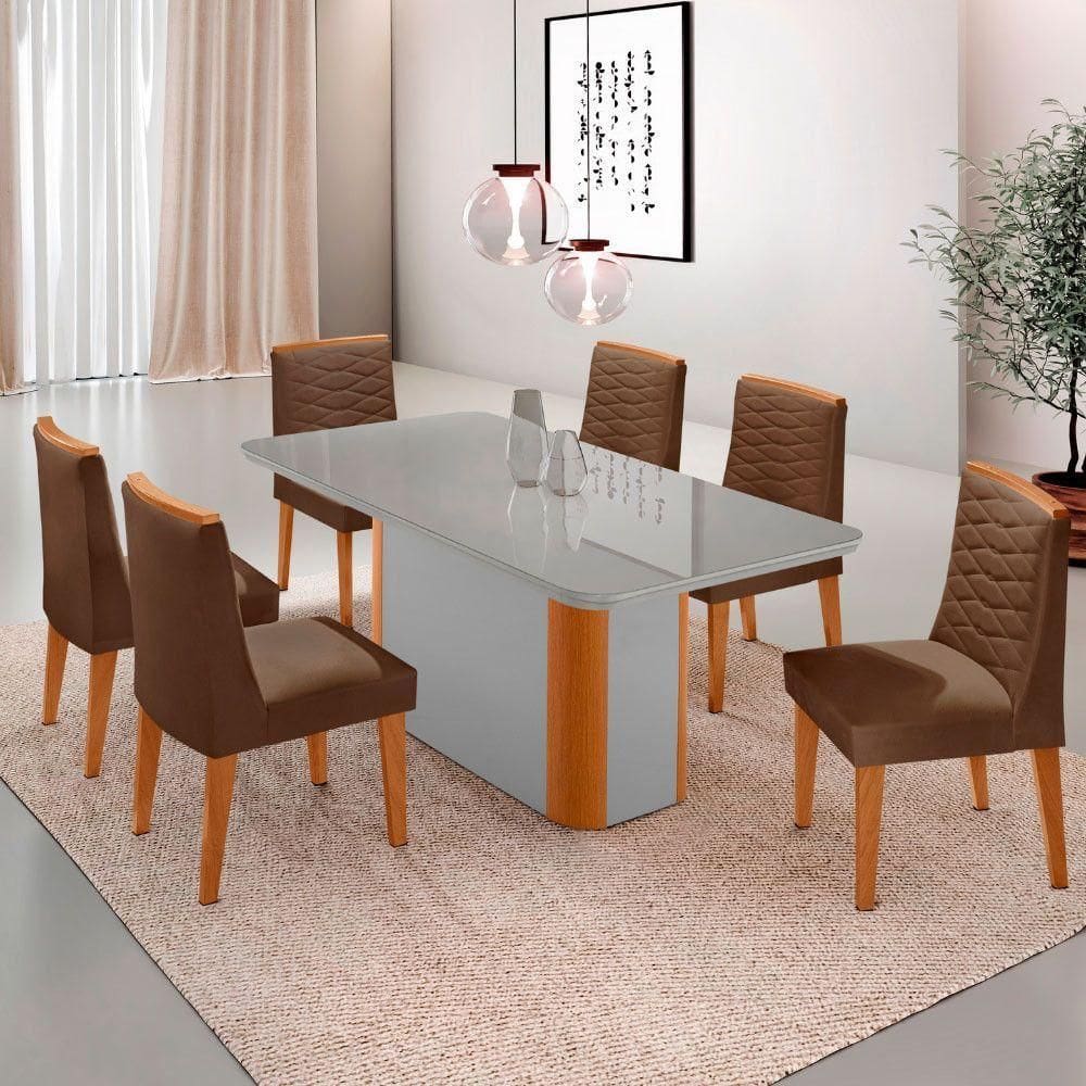 Mesa De Jantar Isadora 180cm Tampo Mdf Vidro Com 6 Cadeiras Veludo Marrom Serigrafia Off White