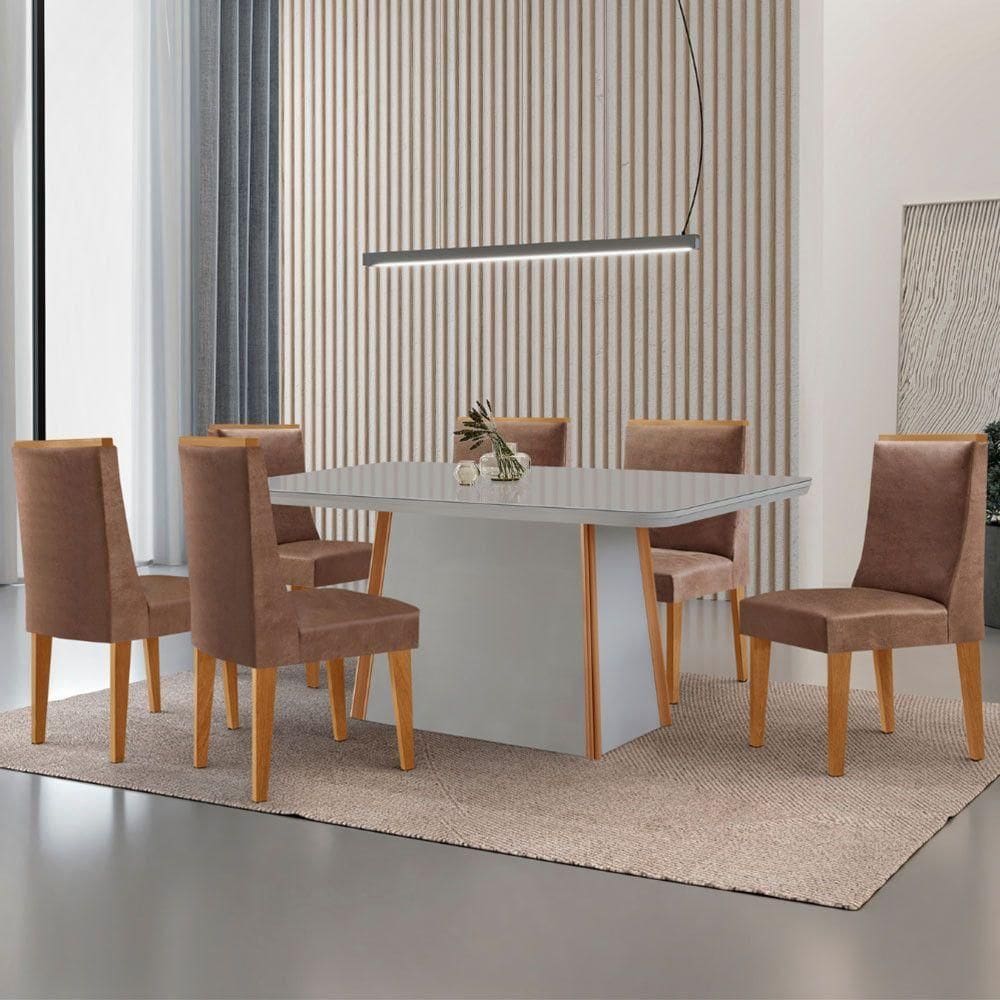 Mesa De Jantar Diane 180cm Tampo Mdf Vidro 6 Cadeiras Lisboa Moderna Tork Serigrafia Off White