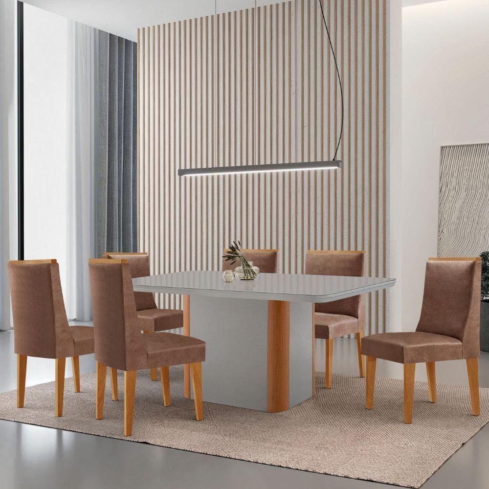 Mesa De Jantar Isadora 180cm Tampo Mdf Vidro Com 6 Cadeiras