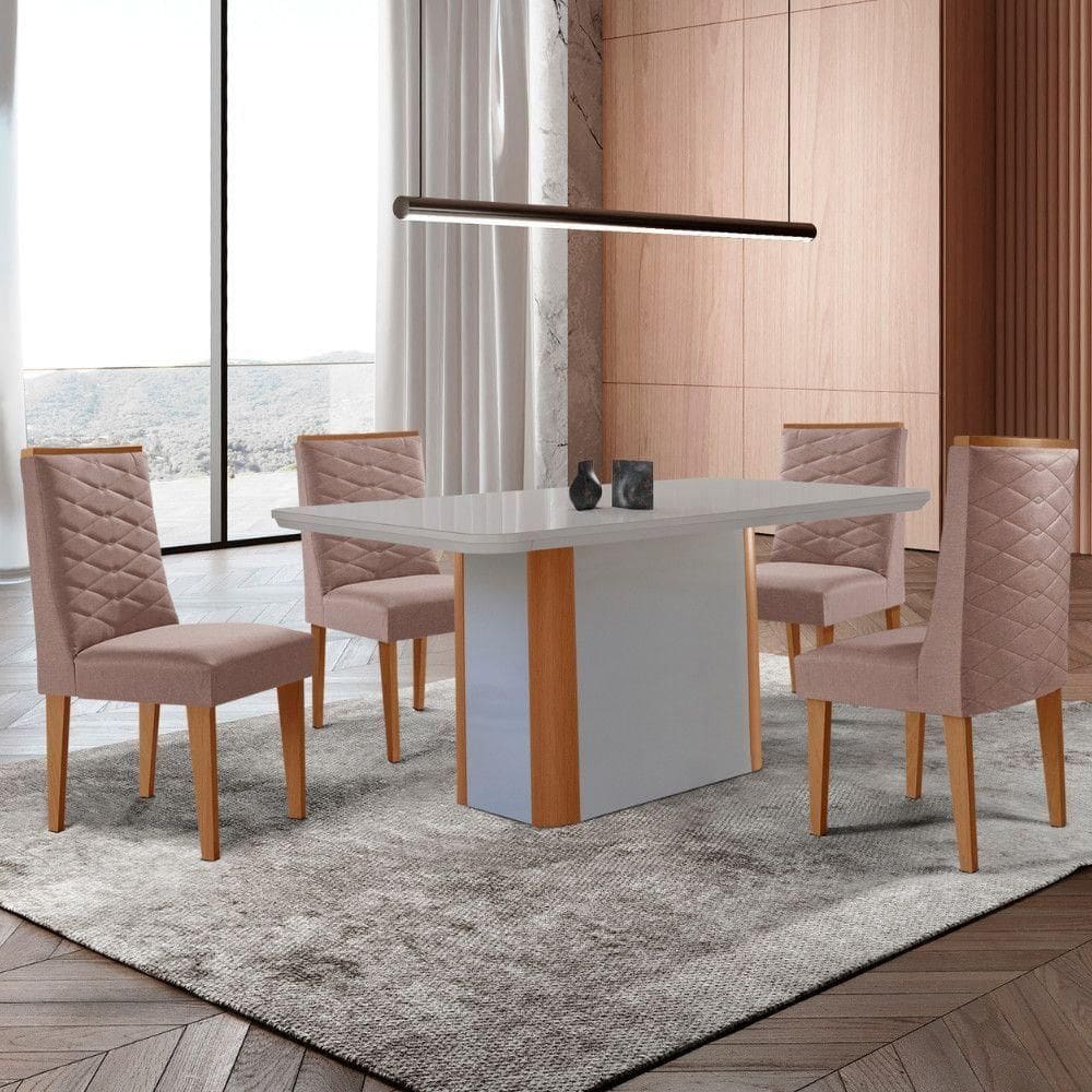 Mesa De Jantar Isadora 120cm Tampo Mdf Com Vidro Linho Capuccino Tork Off Serigrafia