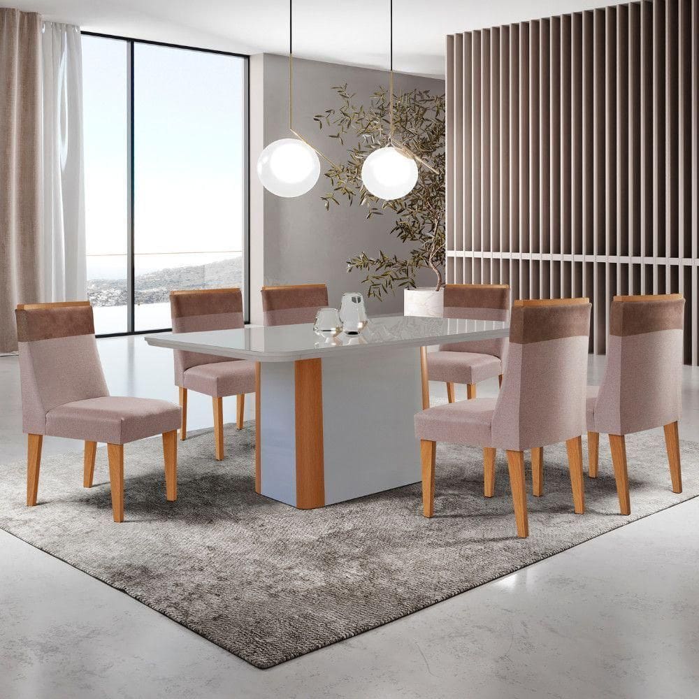 Mesa De Jantar Isadora 180cm Tampo Mdf Vidro Com 6 Cadeiras Linho Capuccino Tork Off White Serigrafia
