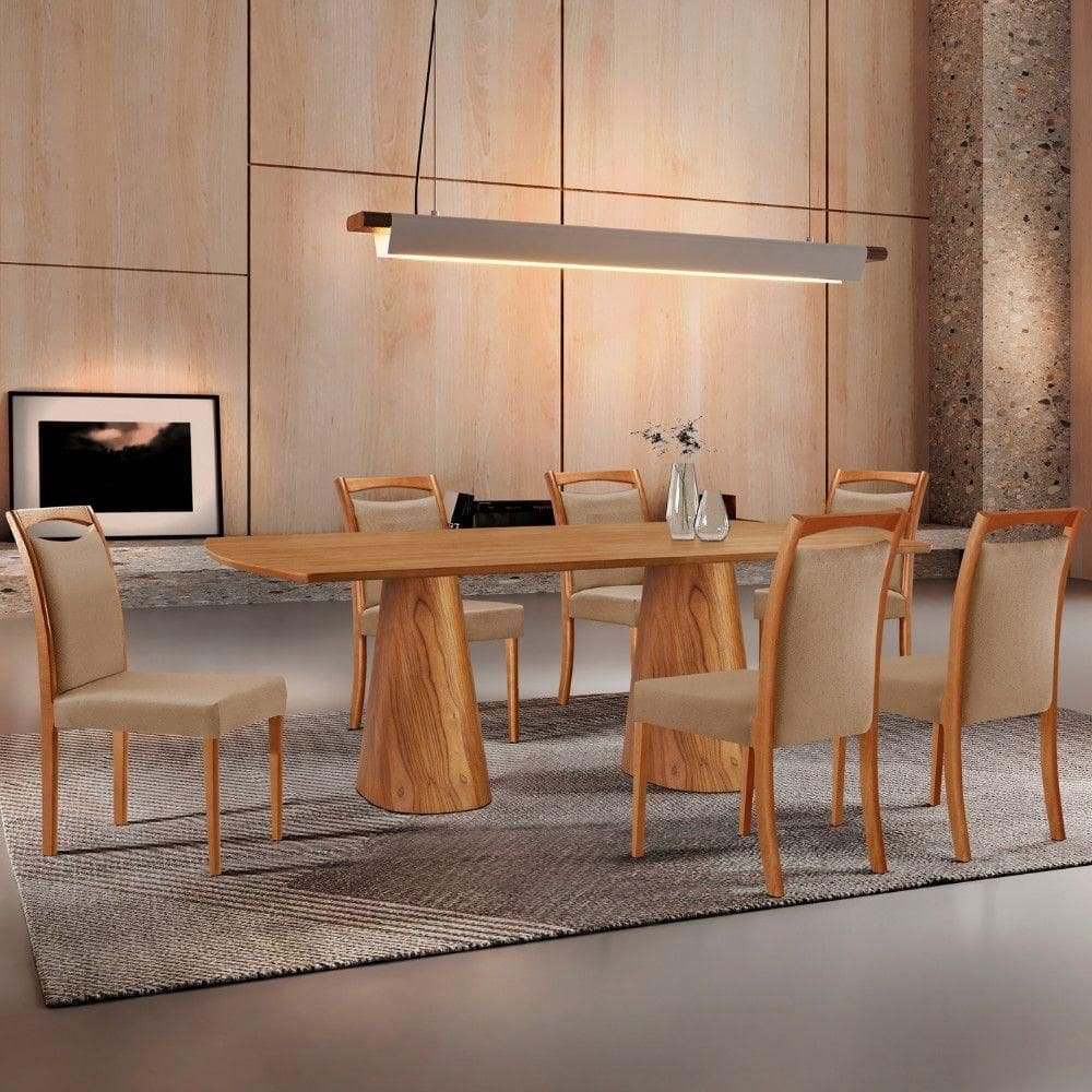Mesa Noronha 180cm Tampo Laminado Barril Com 6 Cadeiras Livi Linho Palha Imbuia Natural