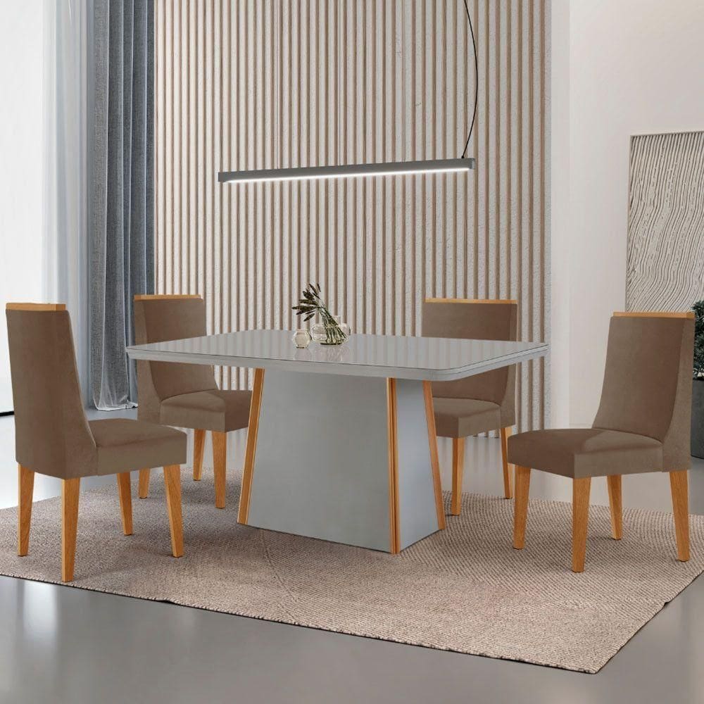 Mesa De Jantar Diane 120cm Tampo Mdf Vidro 4 Cadeiras Lisboa Moderna Veludo Capuccino Off White Serigrafia