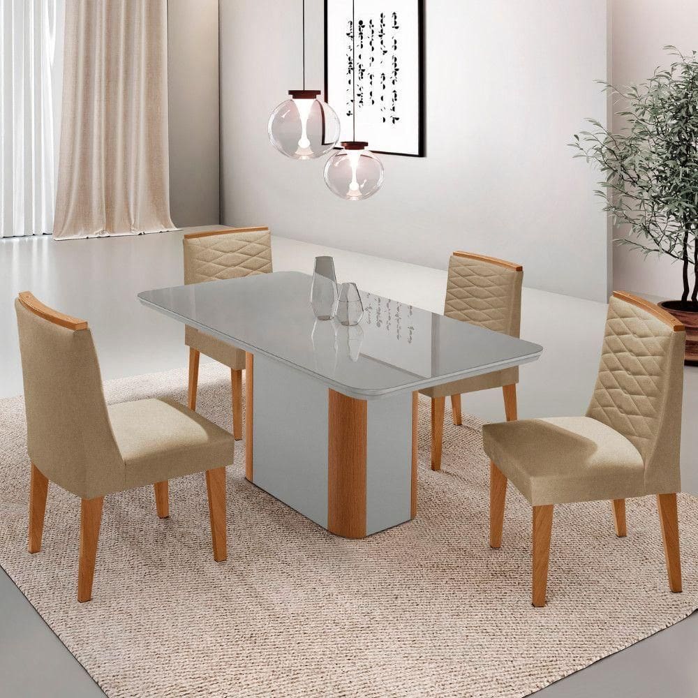 Mesa De Jantar Isadora 120cm Tampo Mdf Vidro Com 4 Cadeiras