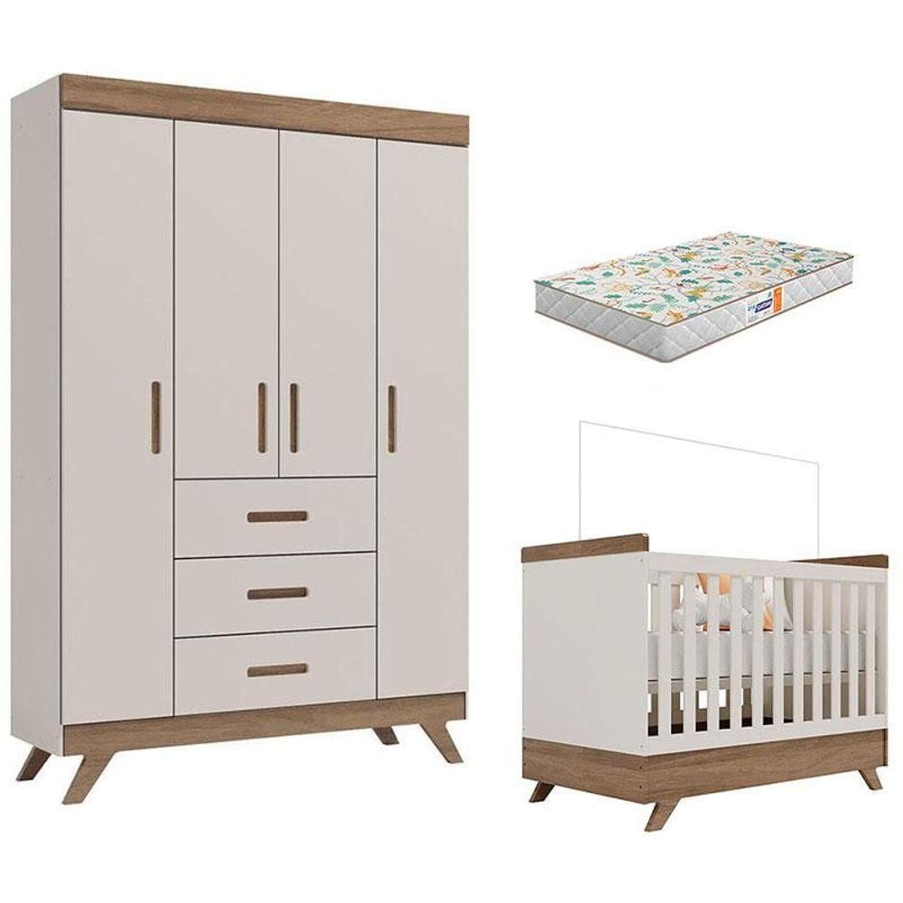 Berço Americano Vitória E Guarda Roupa Infantil Retrô Maya Off White Carvalho Com Colchão Gazin - Carolina