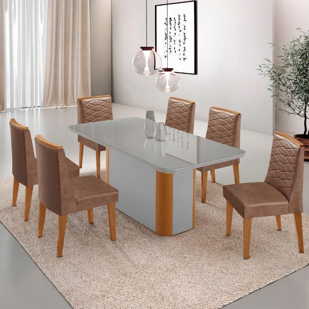 Mesa De Jantar Isadora 180cm Tampo Mdf Vidro-6 Cadeiras