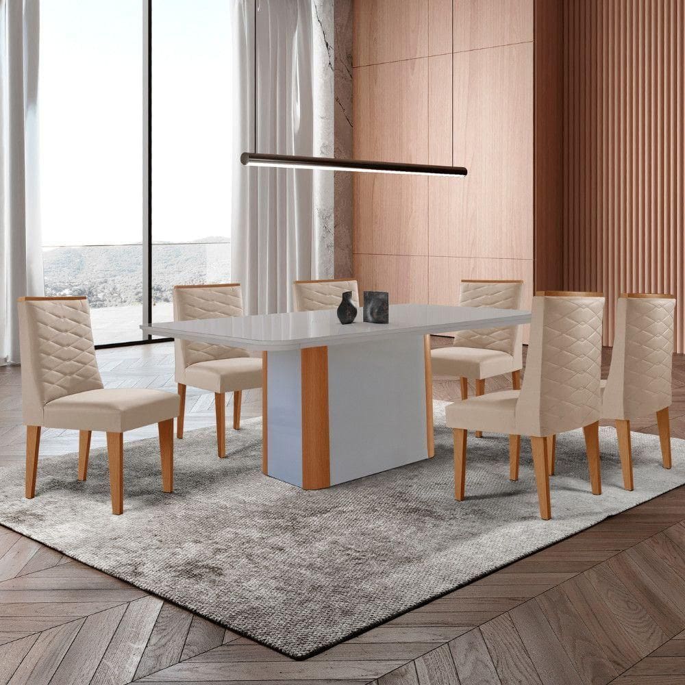 Mesa De Jantar Isadora 180cm Tampo Mdf Vidro-6 Cadeiras.