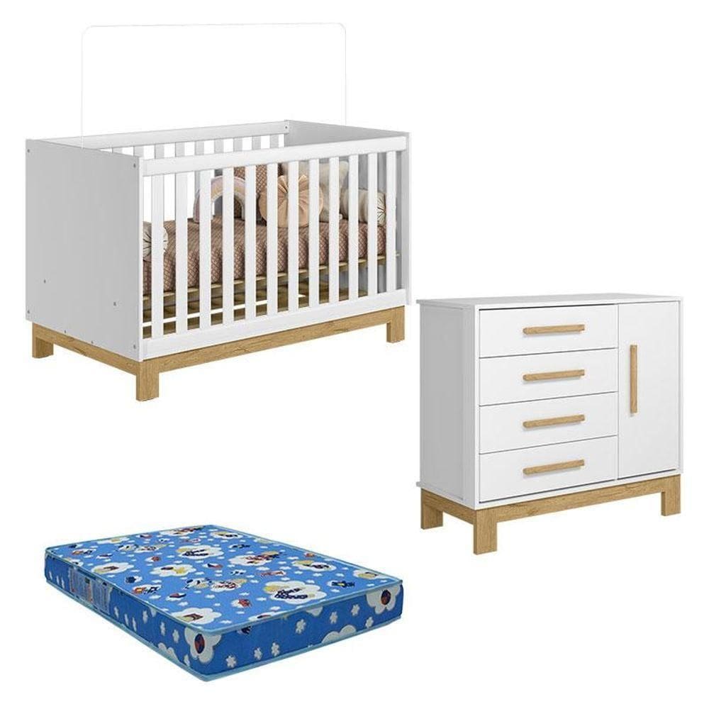 Berço Americano 4315 E Cômoda Sapateira 4355 Slim Branco Acetinado Com Colchão Tend Tudo - Qmovi