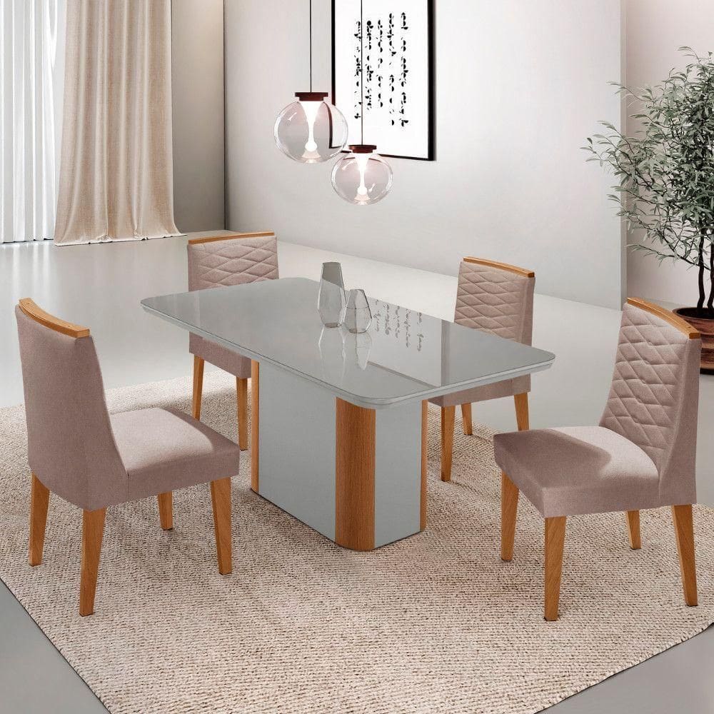 Mesa De Jantar Isadora 120cm Tampo Mdf Vidro Com 4 Cadeiras Linho Capuccino Off White Serigrafia