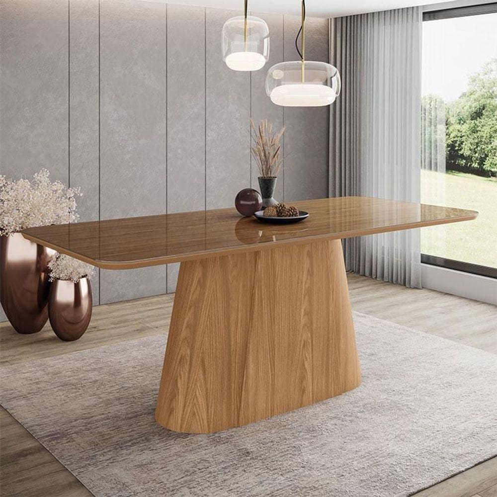 Mesa De Jantar Olivia Ambiente 200 Cm Canto Arredondado Com Vidro Nature - Henn