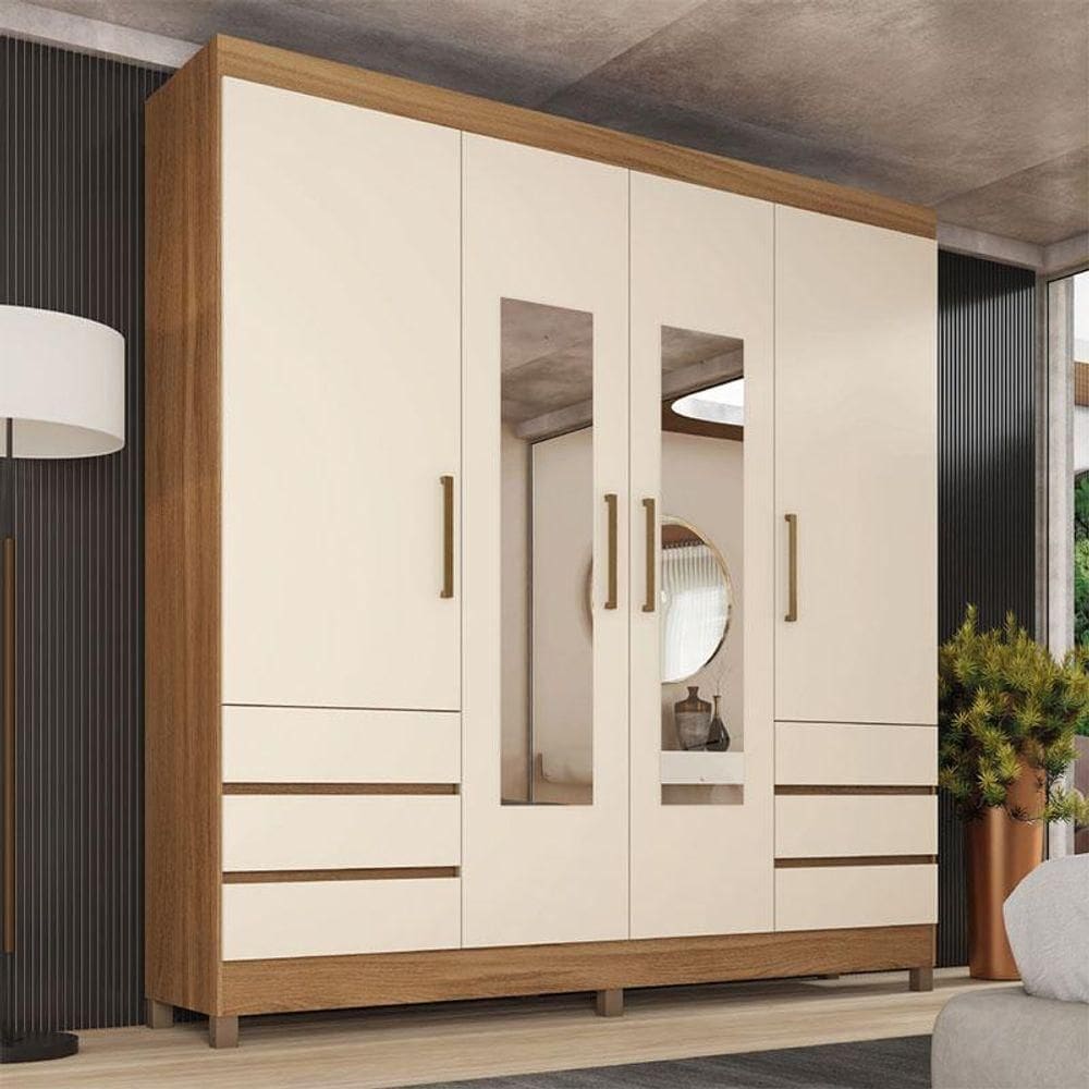 Guarda Roupa Casal Mônaco Ambiente 4 Portas Com Espelho Amendola Off White - Demobile