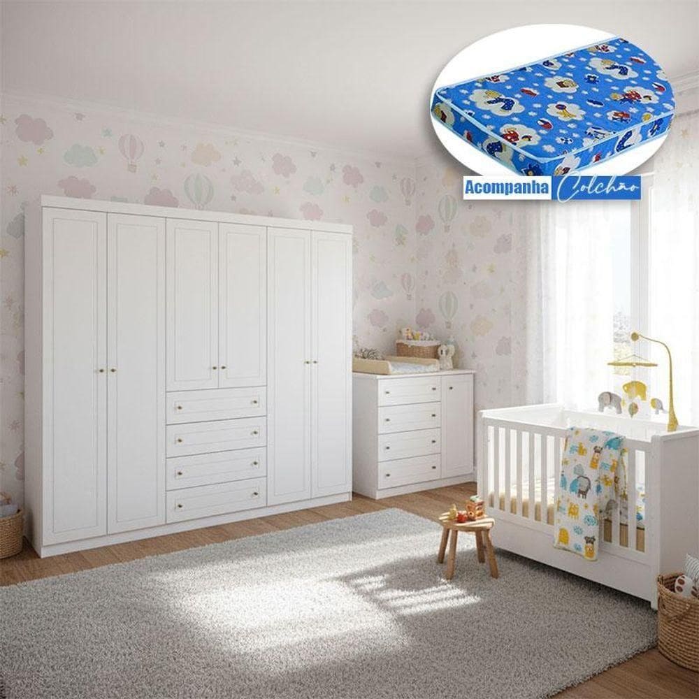 Quarto Infantil Mississipi 6 Portas Ambiente Com Berço Tutto New Branco Fosco E Colchão Ortobom - Henn