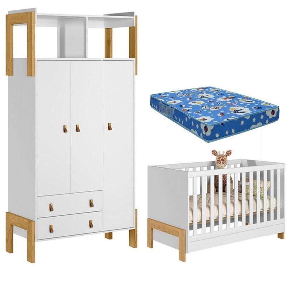 Berço Americano 4300 E Guarda Roupa Infantil 4375 Fantasia Branco Acetinado Com Colchão Ortobom - Qmovi