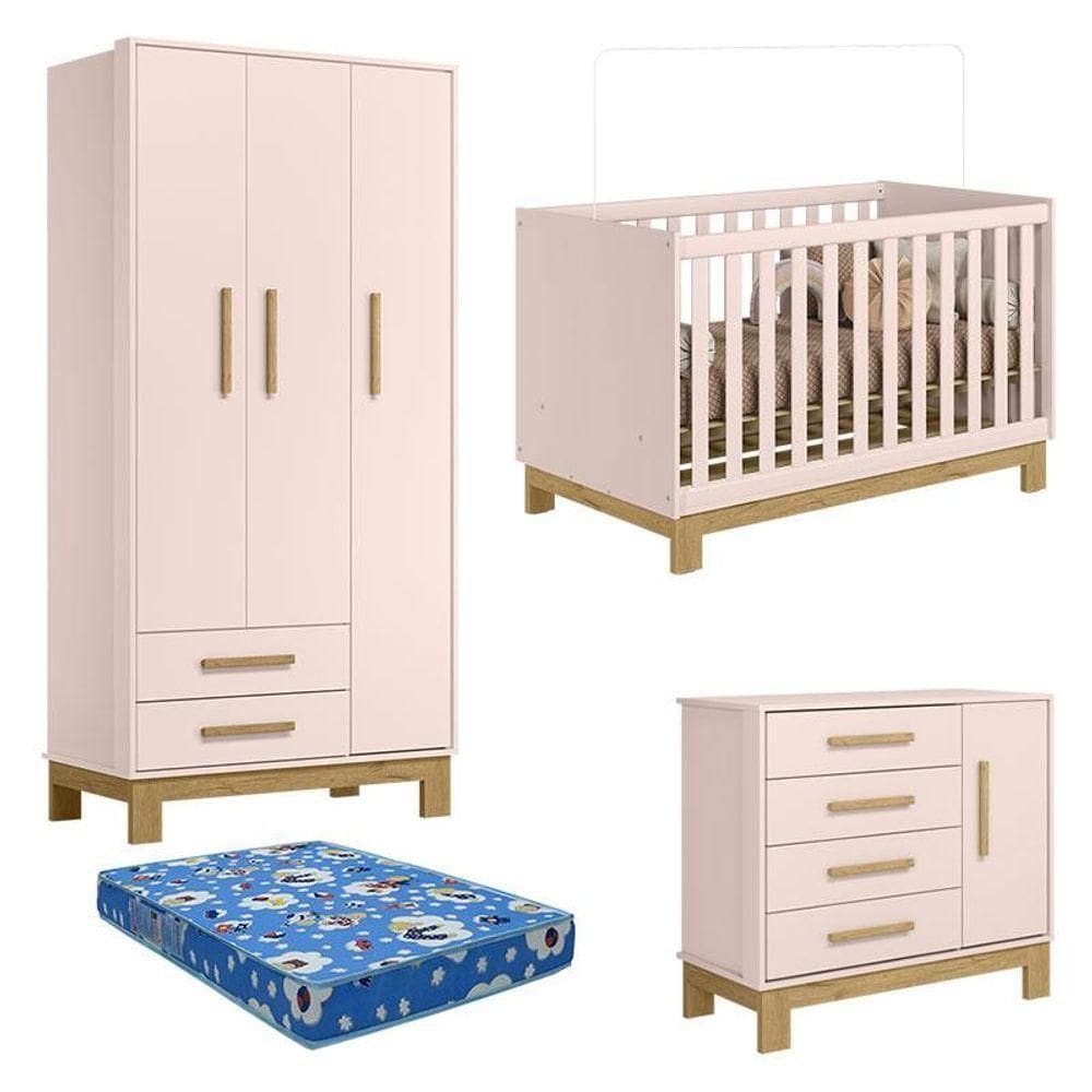 Quarto De Bebê Slim Rosa Acetinado Com Colchão Tend Tudo - Qmovi