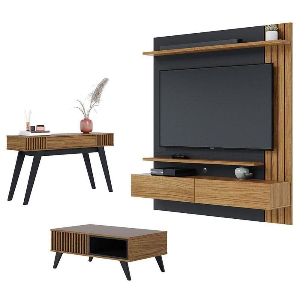 Painel Para Tv Home Suspenso Juriti 1.5 Com Mesa De Centro Jeri E Aparador Riviera Noce Milano Preto Acetinado - Colibri