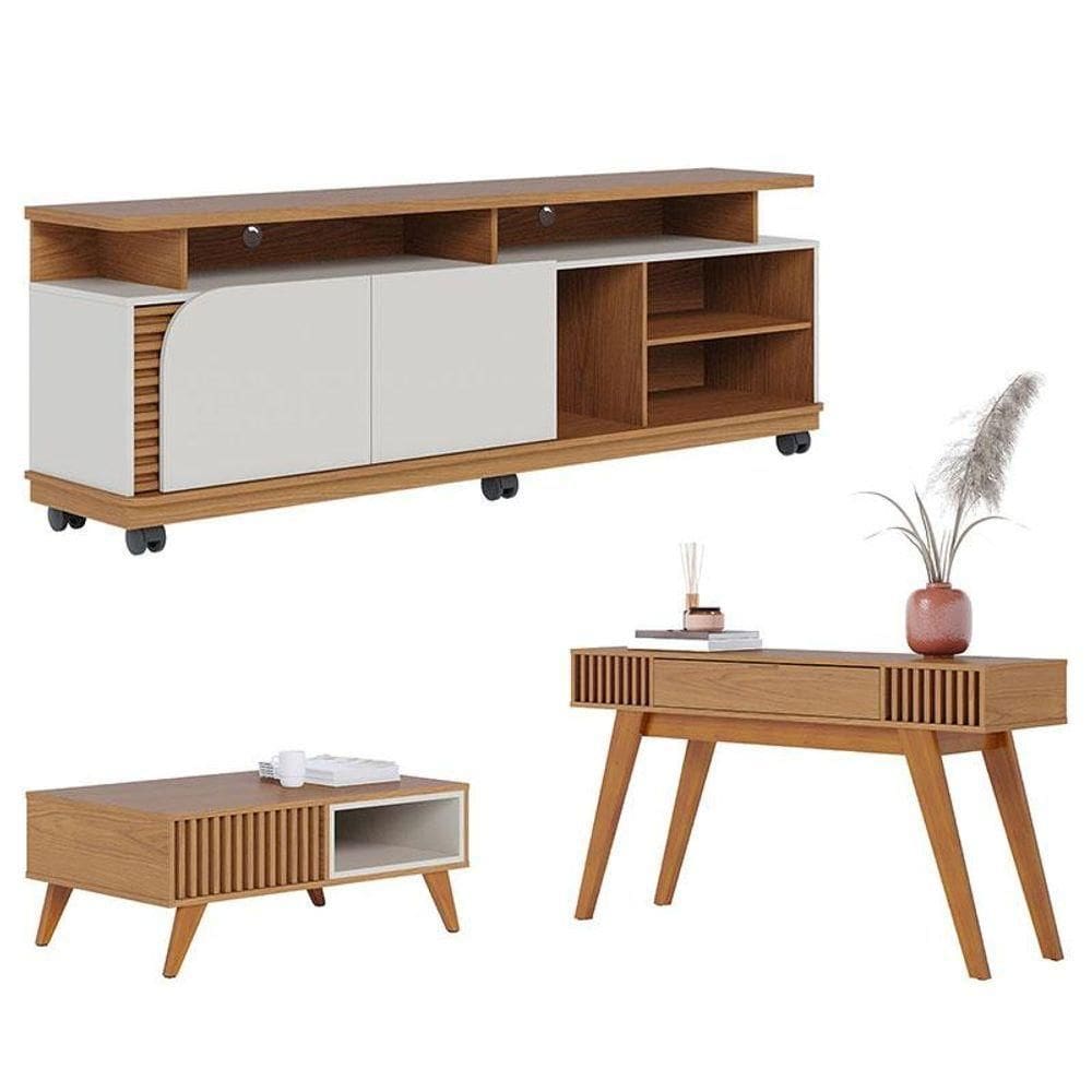 Rack Bancada Jurerê 1.8 Com Mesa De Centro Jeri Freijó Off White Matte E Aparador Riviera Freijó - Colibri