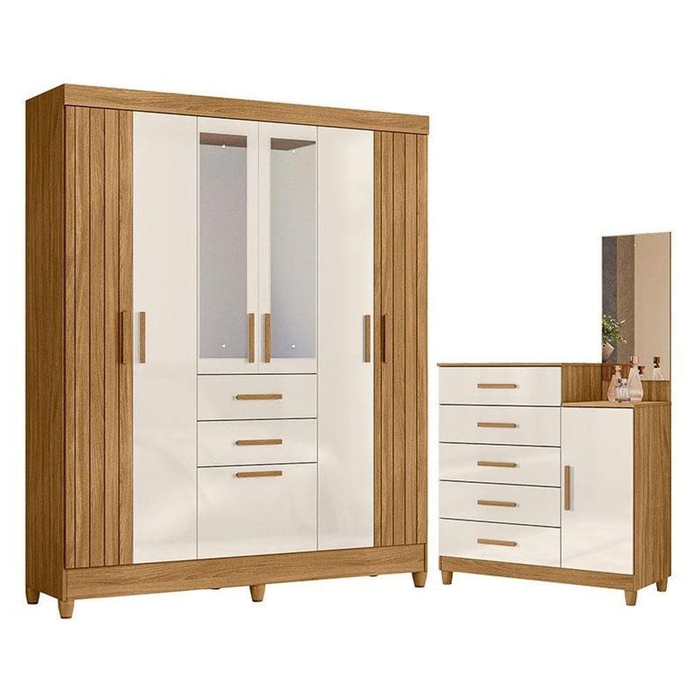 Guarda Roupa Solteiro Malta Com Espelho E Cômoda Lisboa Freijó Off White - Moval