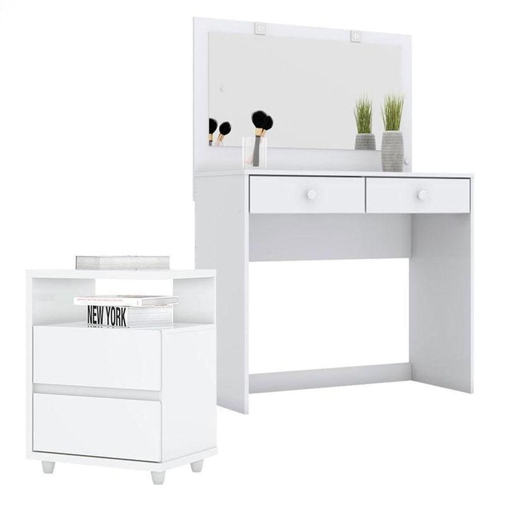 Penteadeira Daila Com Led E Mesa De Cabeceira Campeche Branco - Henn