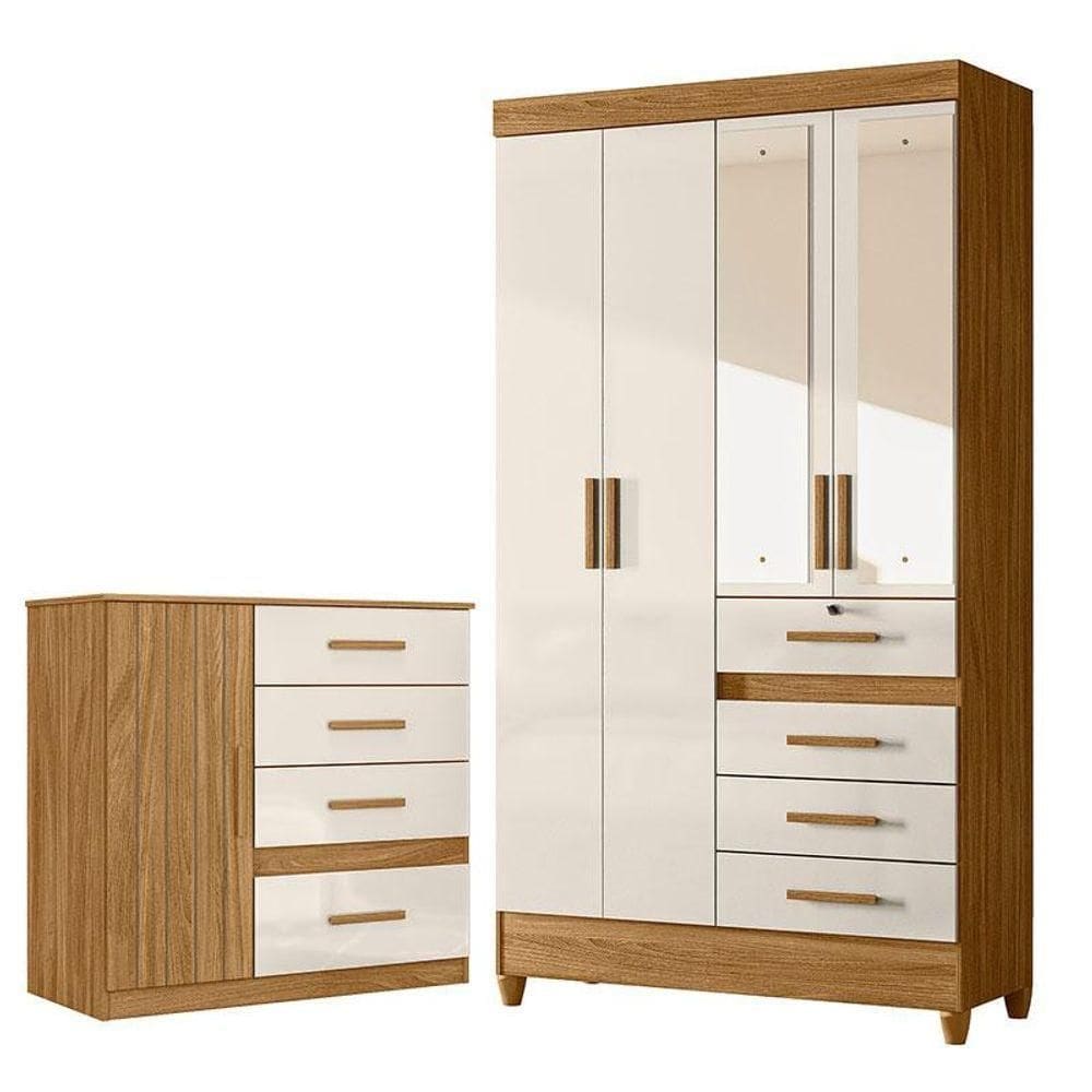 Guarda Roupa Solteiro Sobral Com Espelho E Cômoda Vênus Freijó Off White - Moval