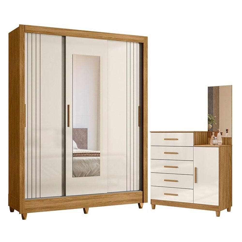 Guarda Roupa Casal Bolívia E Cômoda Lisboa Freijó Off White - Moval