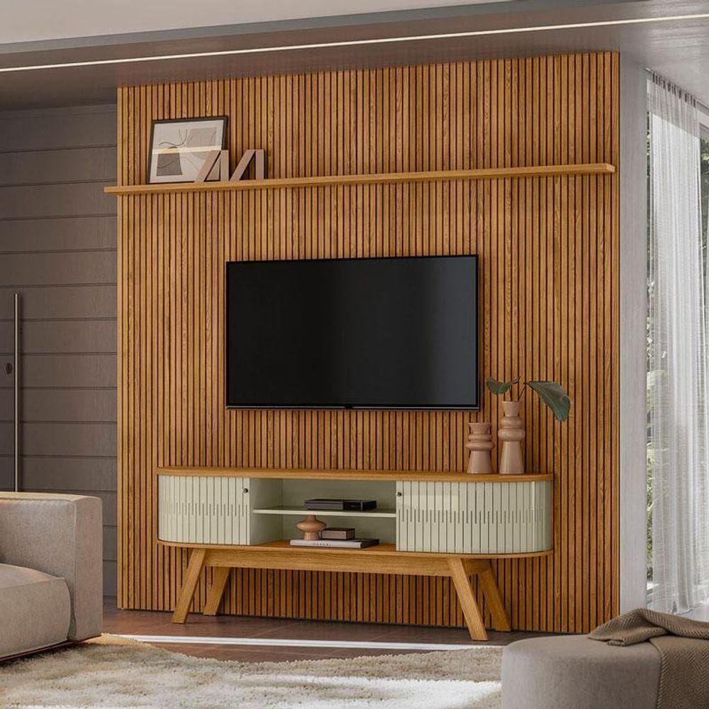 Painel Piso Teto New Guaporé Com Rack Bancada Valência New Laguna Ambiente Cumaru Opala - Madetec