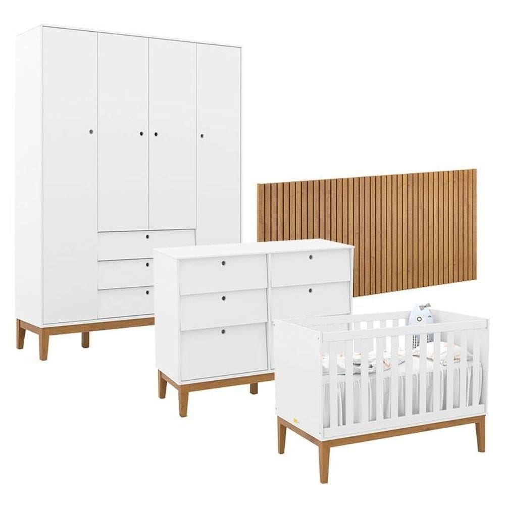 Quarto De Bebê Unique 4 Portas Com Cômoda 6 Gavetas E Painel Ripado Branco Soft Eco Wood - Matic