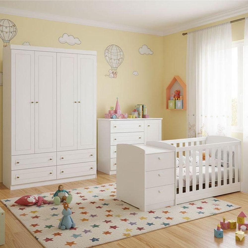 Quarto Infantil Americano 4 Portas E Berço Multifuncional Atlanta Ambiente Branco Fosco Com Colchão Gazin - Reller