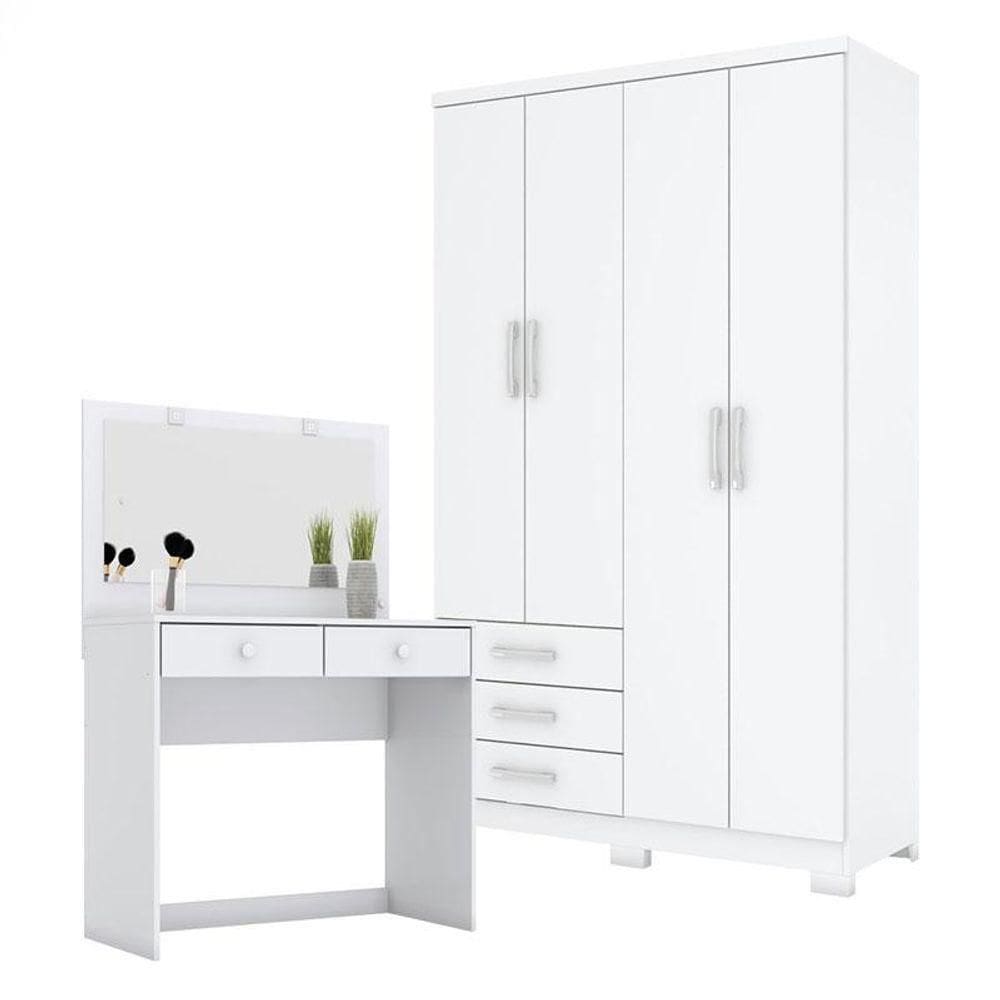 Guarda Roupa Solteiro Caju 4 Portas E Penteadeira Daila Com Led Branco - Henn