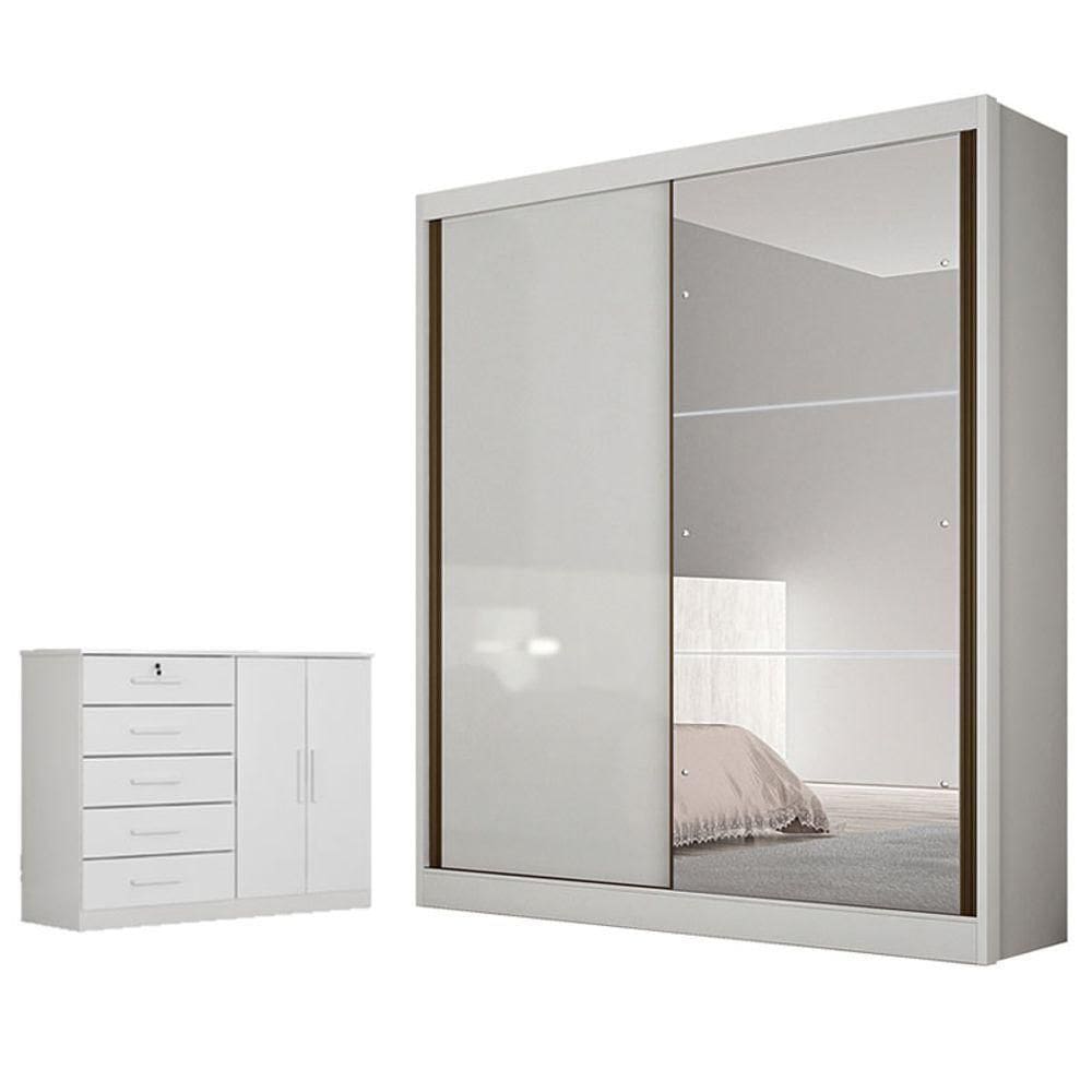 Guarda Roupa Solteiro Dante Com Espelho E Cômoda Seul Neve - Horizonte