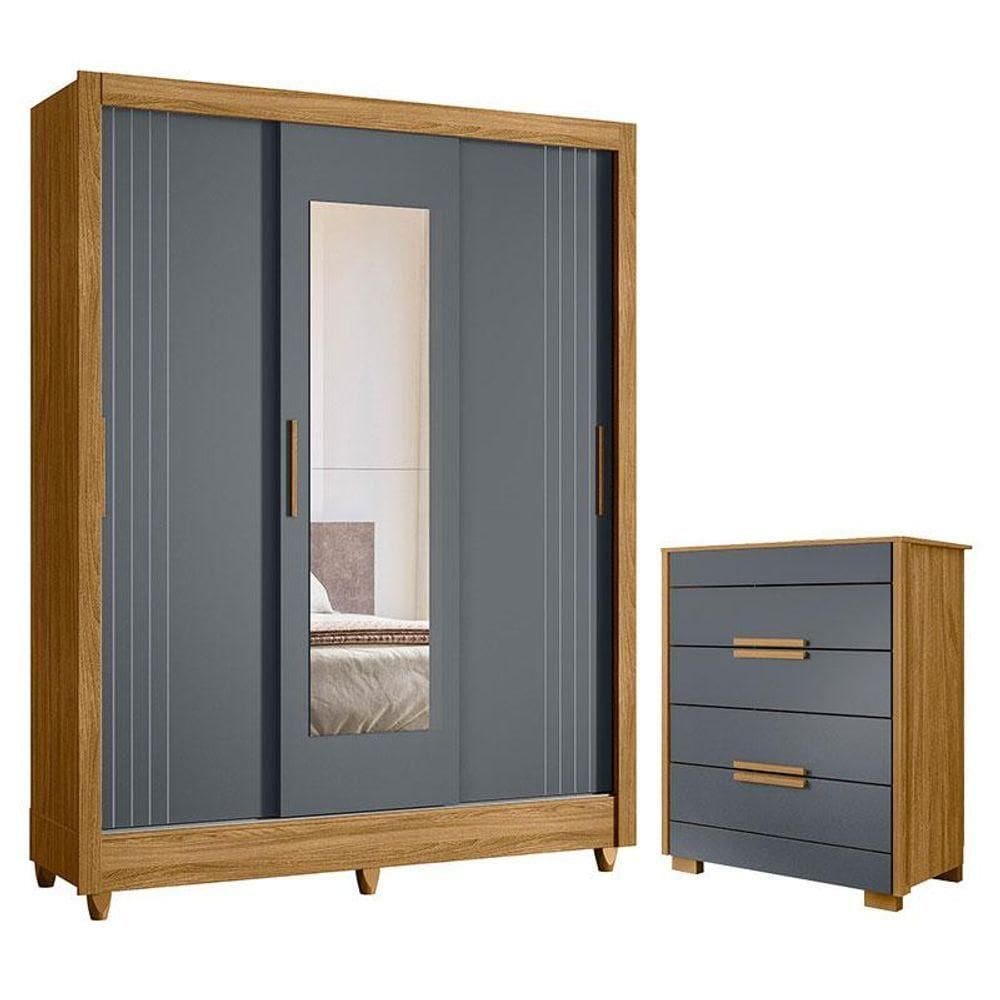 Guarda Roupa Casal Bolívia E Cômoda Dhara Freijó Cinza - Moval