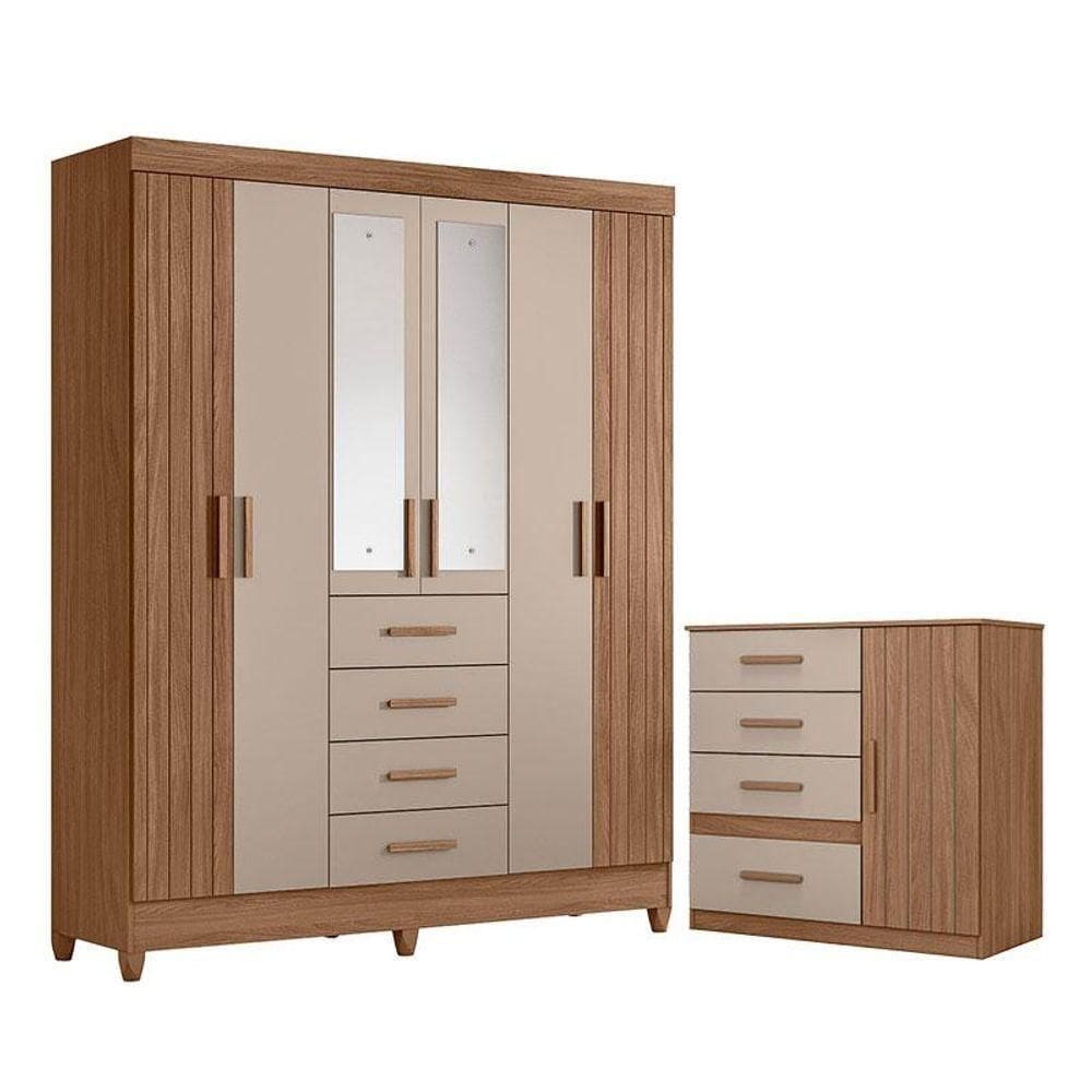 Guarda Roupa Solteiro Malta Com Espelho E Cômoda Vênus Carvalho Fendi - Moval